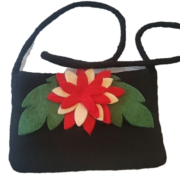 Handmade Handbags - Handmade boiled wool christmas poinsettia black holiday purse